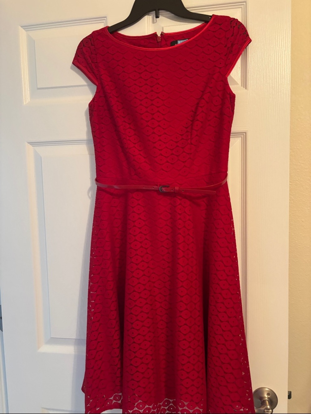 Women's Red Lace Midi Dress with Belt